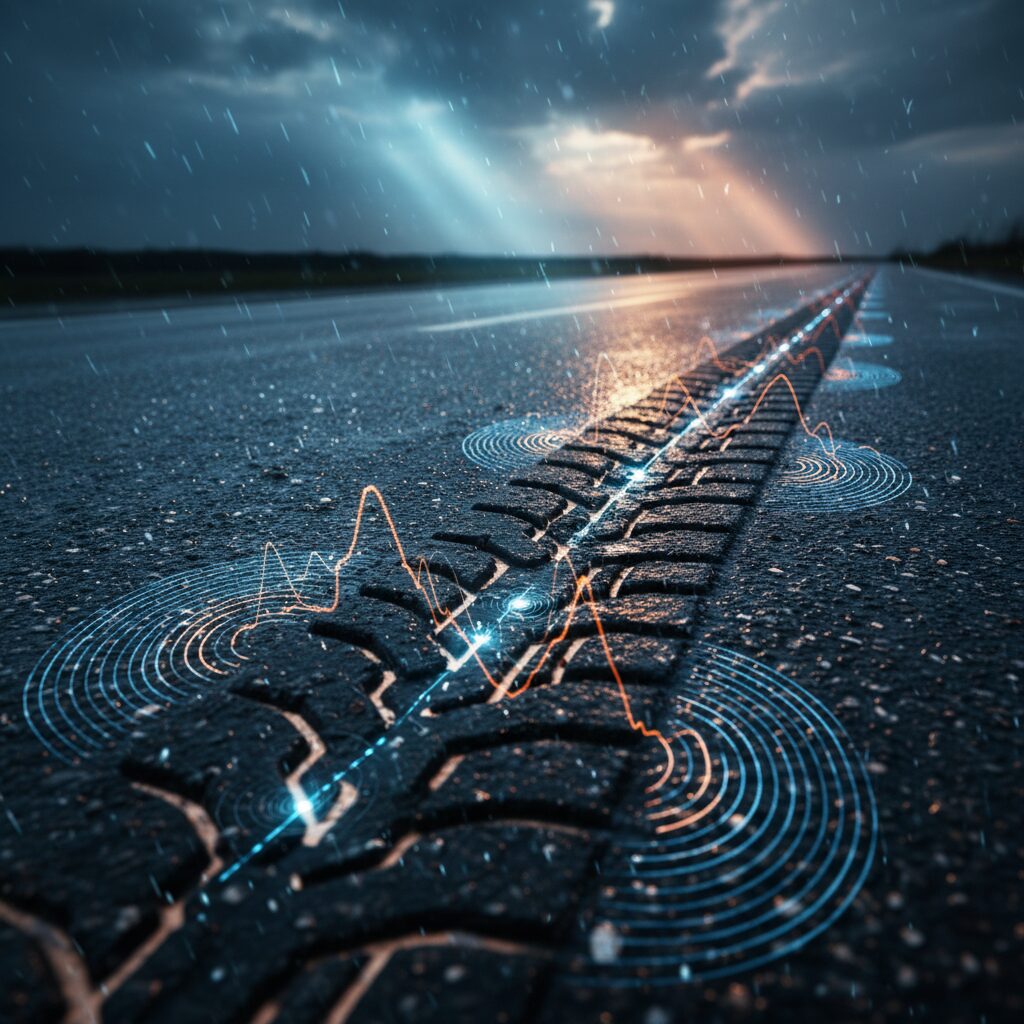 ブレーキ痕がない道路と、タイヤの制動を表す抽象的なイメージ。ABSの働きを示唆する要素が描かれている。