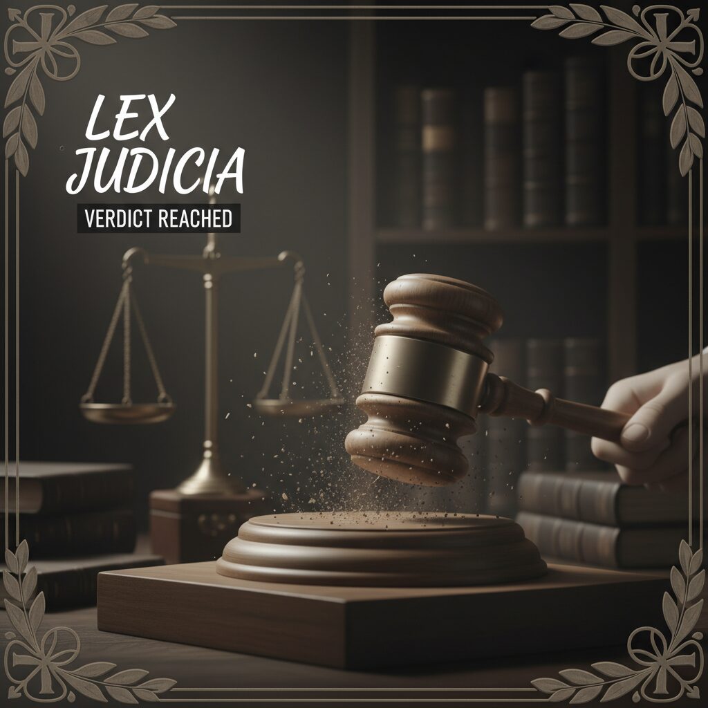 天秤と木槌が描かれた裁判所のイメージイラスト。違憲状態、違憲、事情判決といった法律用語を表す。