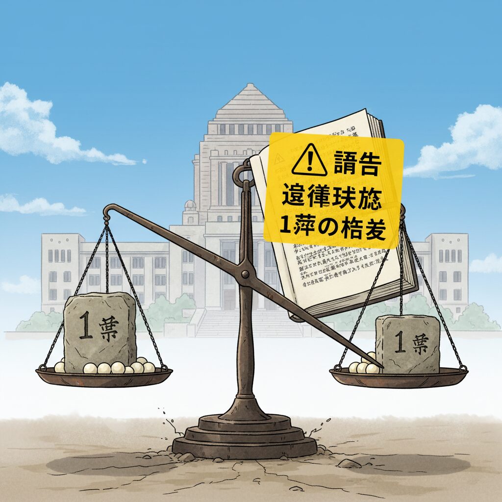 「1票の格差」を示す不均衡な秤と、日本国憲法に重ねられたイエローカードのイメージ。国会議事堂が背景に描かれている。