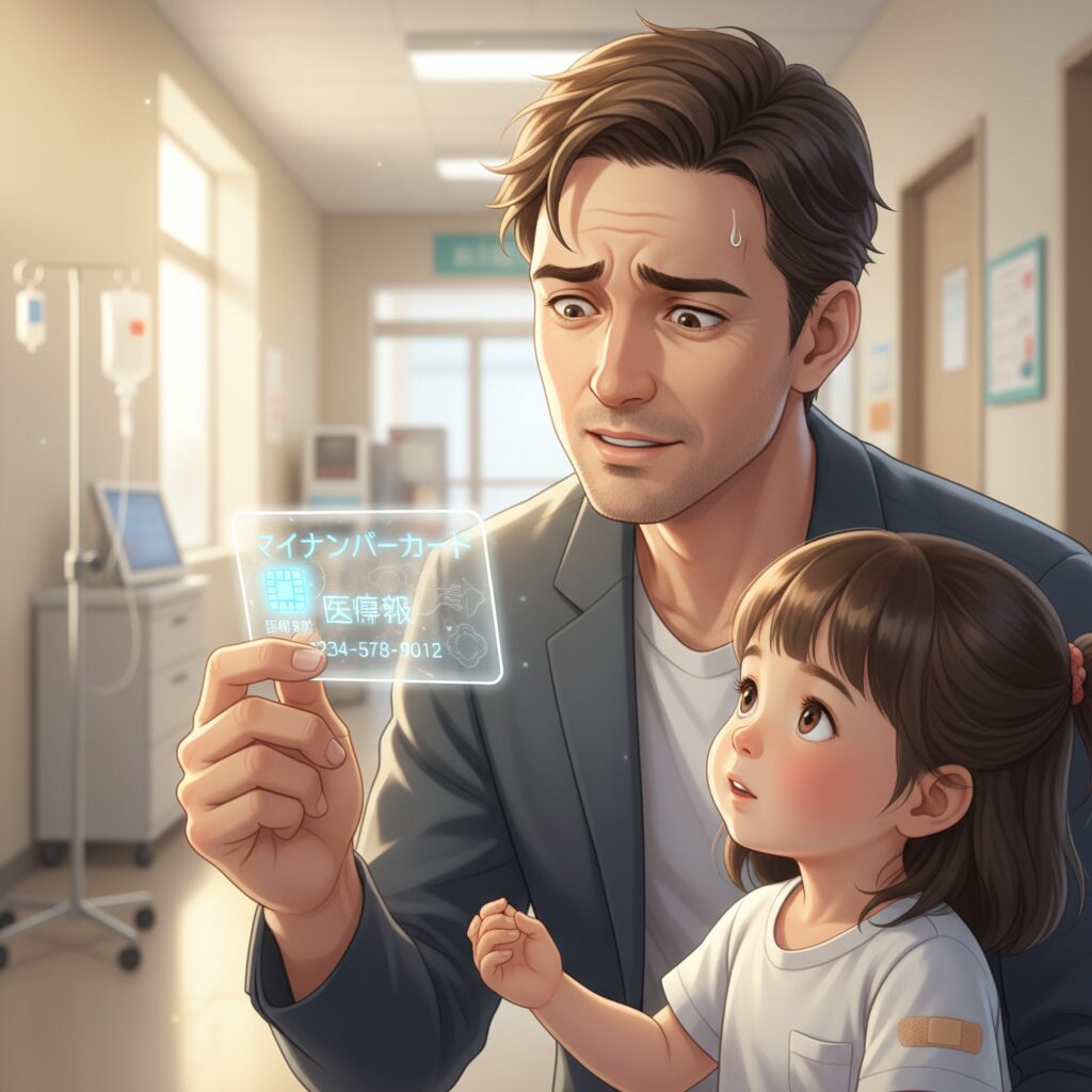 子どものマイナ保険証について悩む親のイラスト