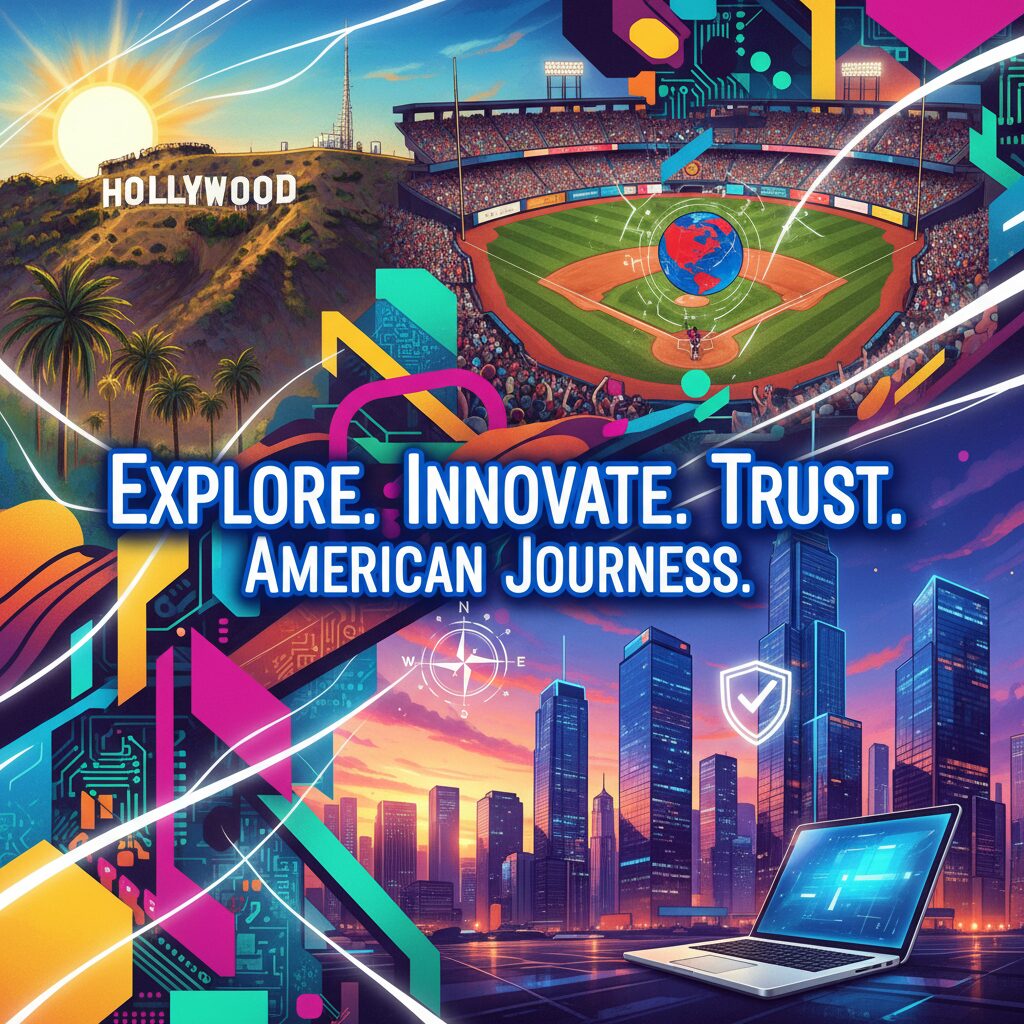 JTB USAのサービスを象徴する、アメリカの観光名所とビジネスシーンが融合した活気あるイメージ。