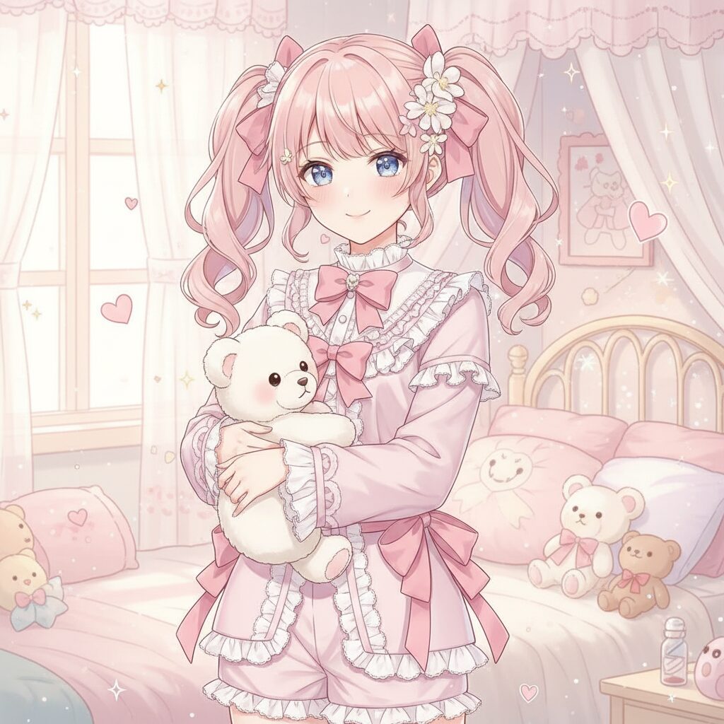 小野町春香さんのパジャマ風新衣装、リボンとフリルが特徴的で、可愛らしいツインテールと花の耳かきがポイント。