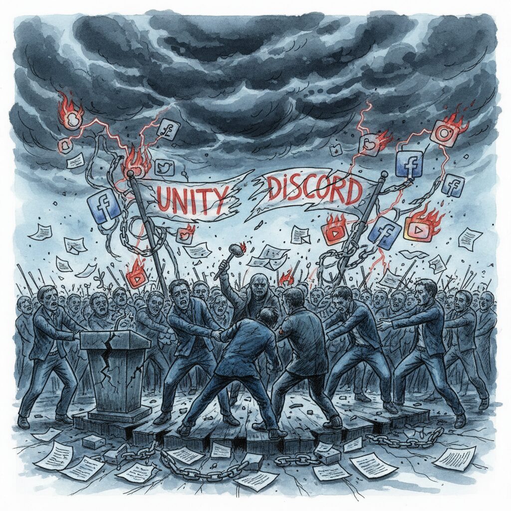 NHK党の党首逮捕と議員離党による混乱を表現したイラスト。