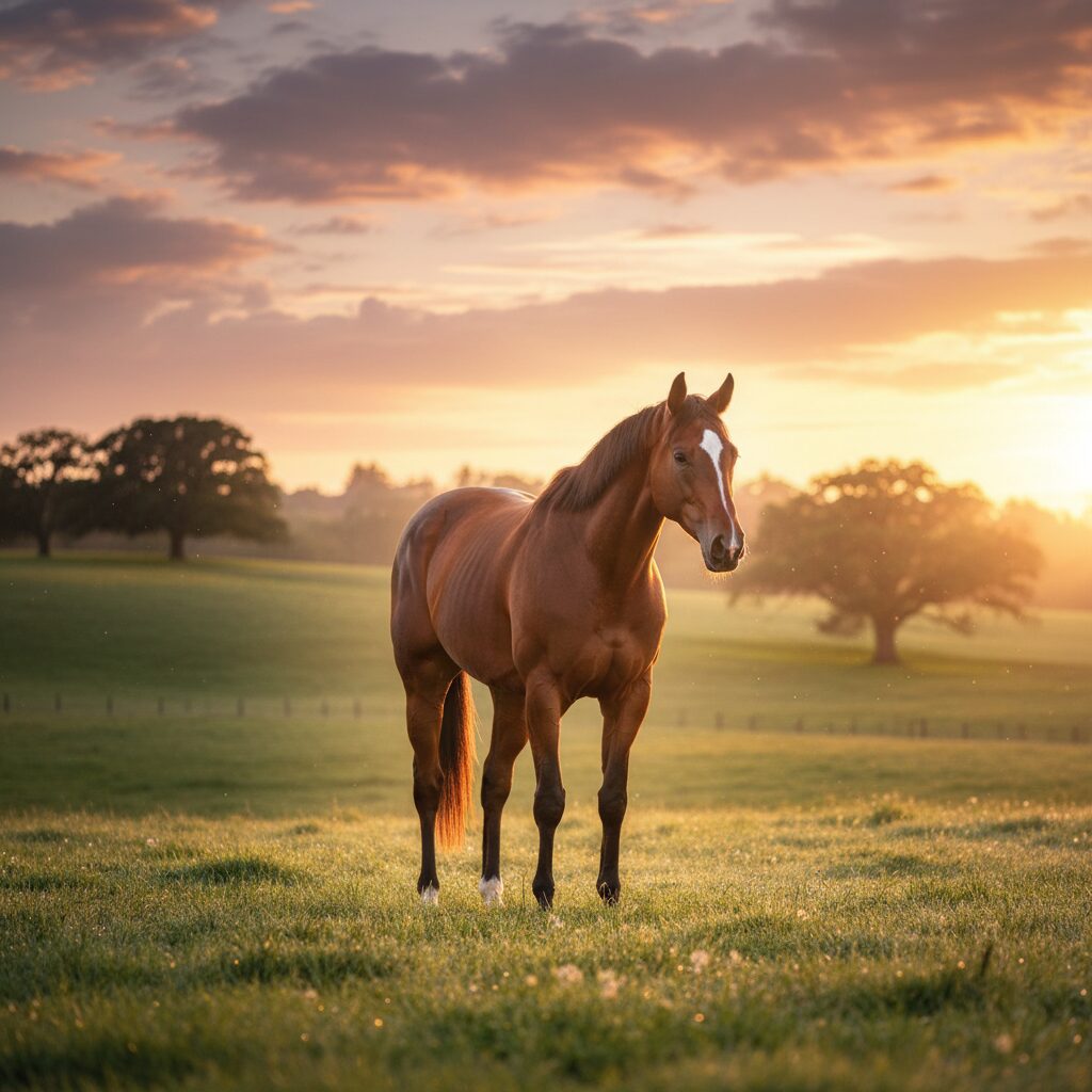 夕焼けに照らされた牧草地で穏やかに立つ競走馬マイネルネオス