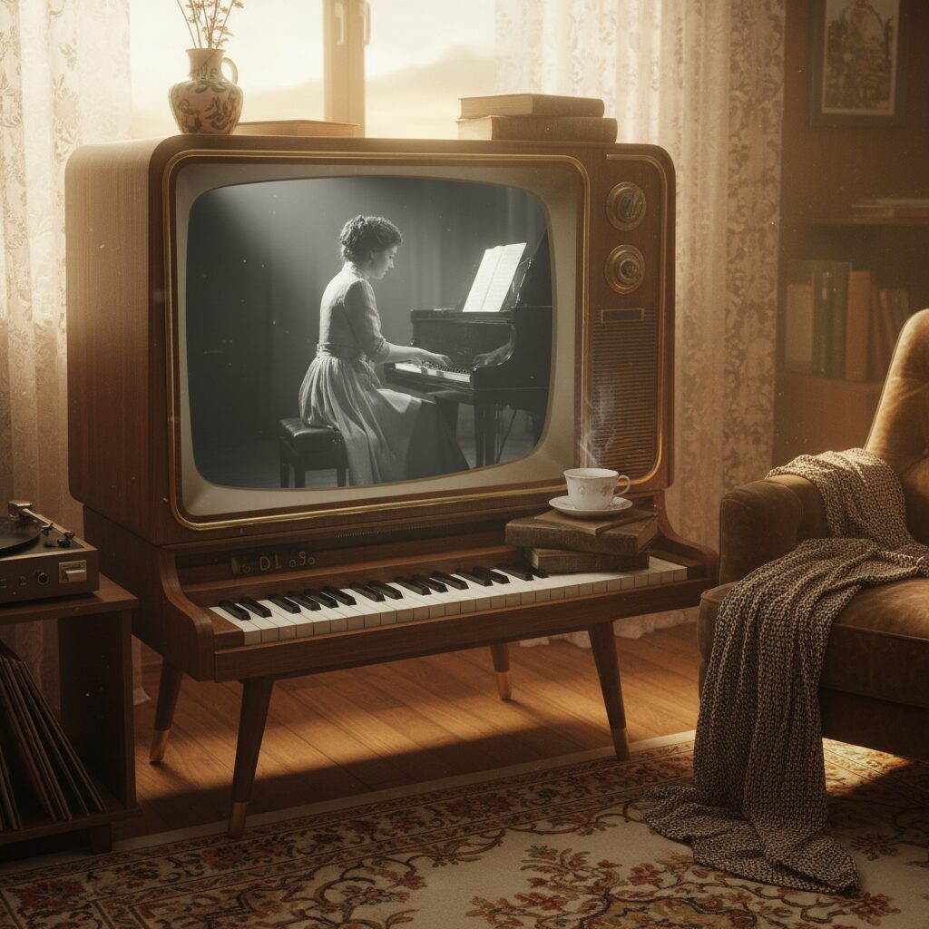 深田恭子さんがレギュラー出演した「新堂本兄弟」でのピアノ演奏風景をイメージしたイラスト