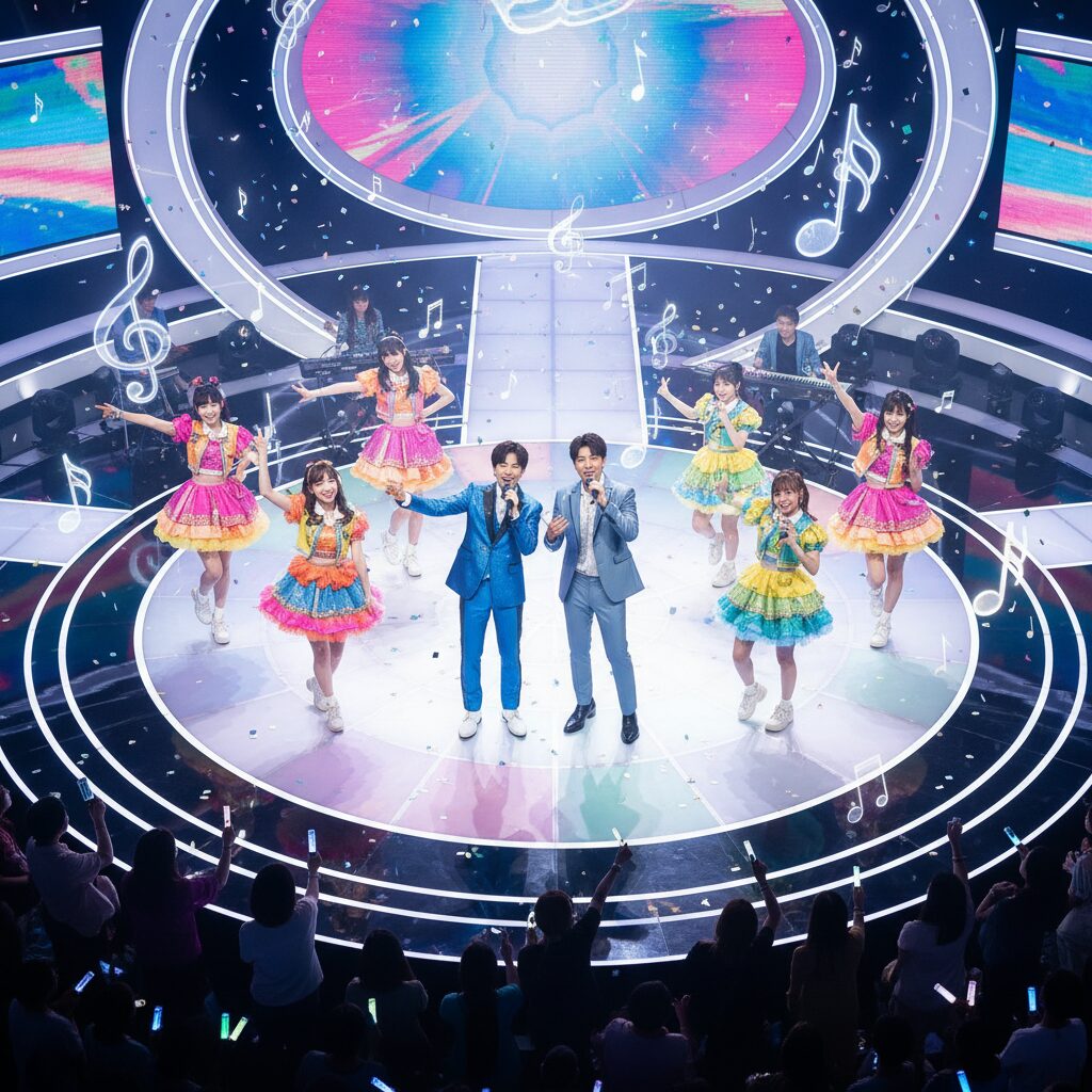 「堂本兄弟」のセットで笑顔でパフォーマンスするKinKi KidsとももいろクローバーZのメンバー