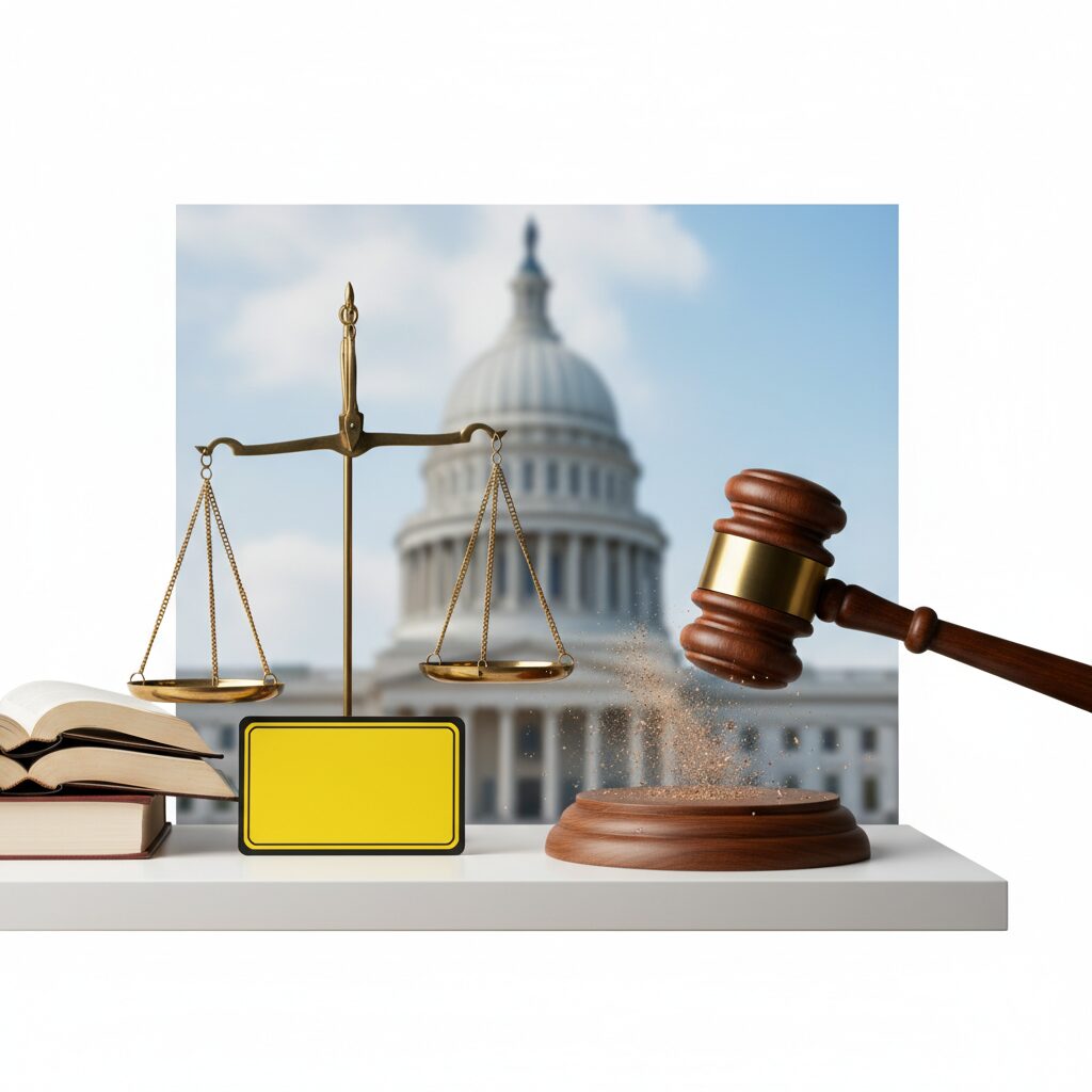 裁判官の木槌と傾いた天秤、イエローカードが描かれた画像。「違憲状態」の概念を象徴的に表現している。