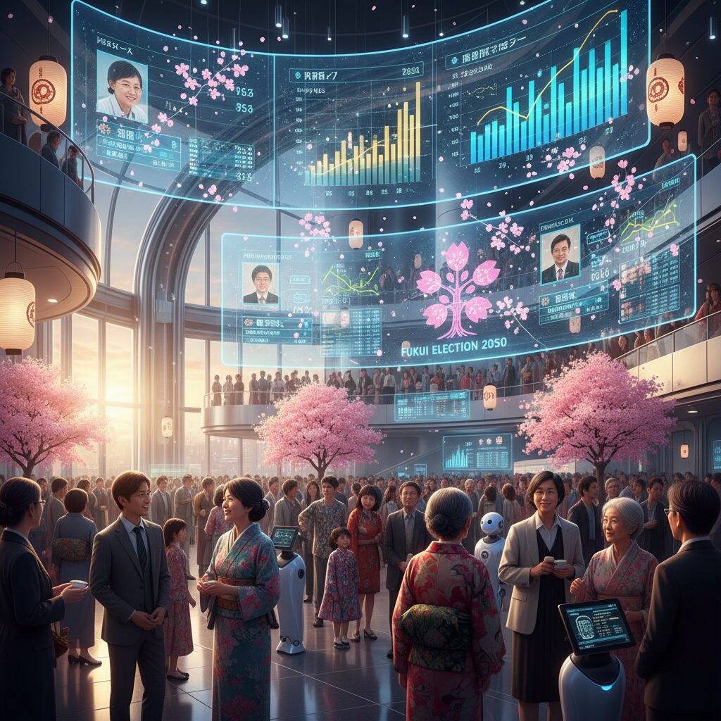 福井県知事選挙の未来を予測するデジタルイメージ