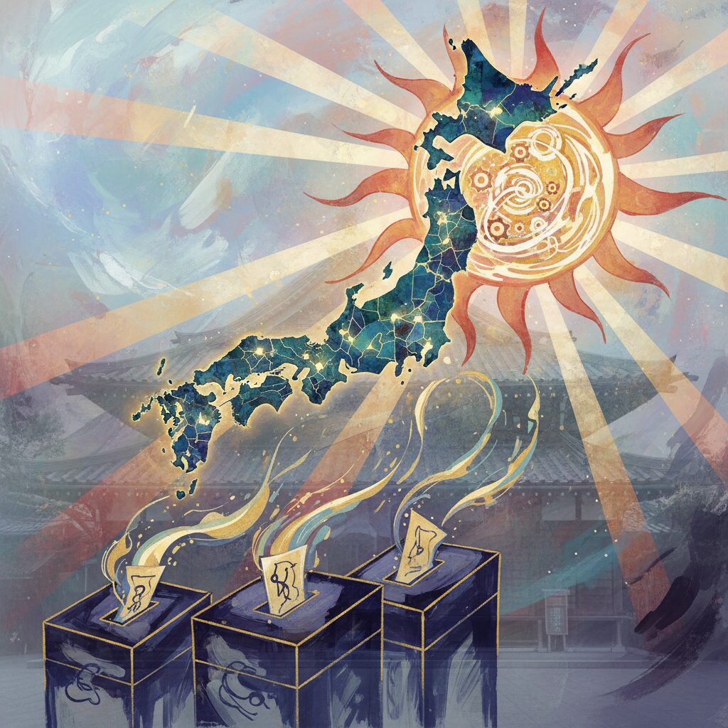 福井県地図と投票箱、希望を表す太陽のモチーフ