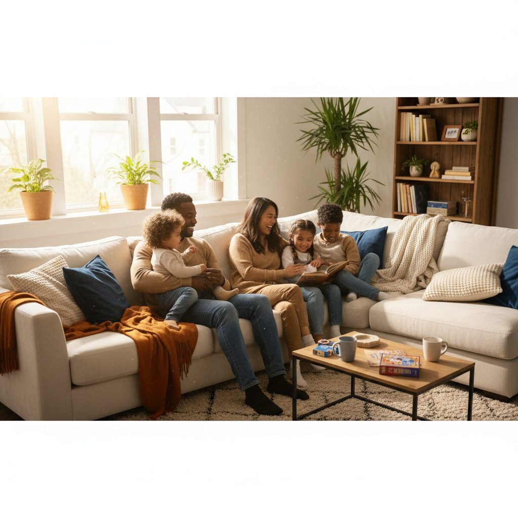 ソファでくつろぐ国際色豊かな家族の温かい写真