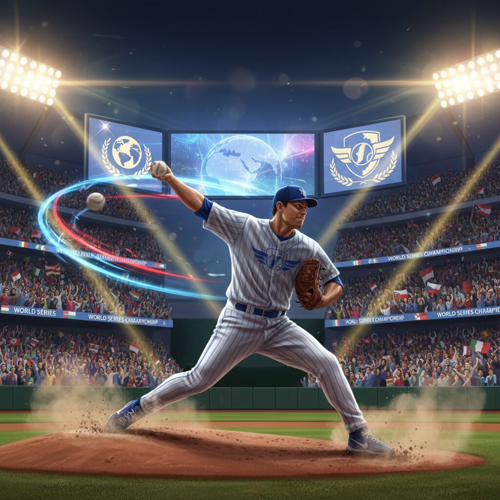 WBCのマウンドで力投する山本由伸投手のダイナミックな姿。スタジアムは熱気に包まれ、世界中の観客がその一投に注目している様子。