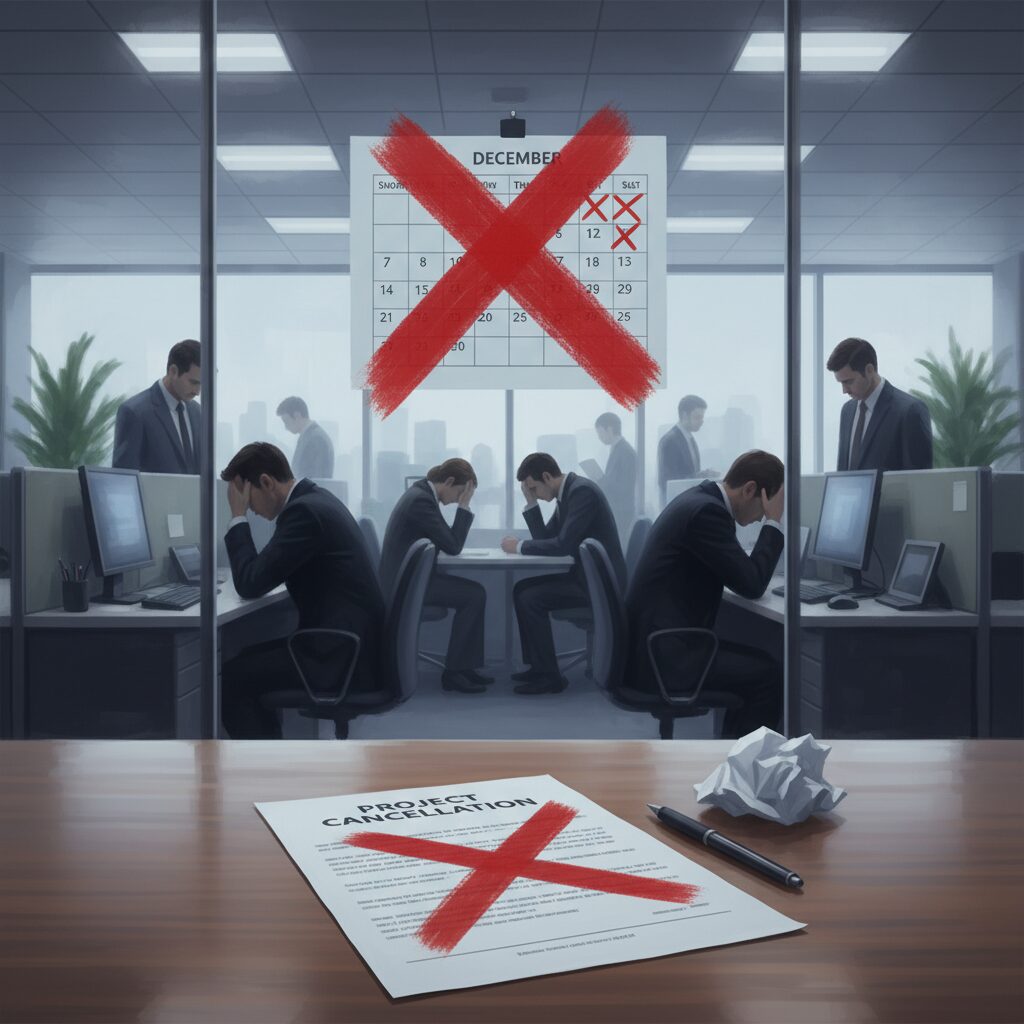 開発中止届の書類と赤いバツ印がついたカレンダー、遠景にチームメンバー