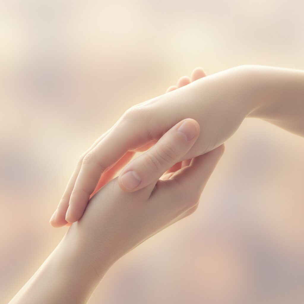 悲しみに寄り添う手と手、温かい光に包まれたイメージ