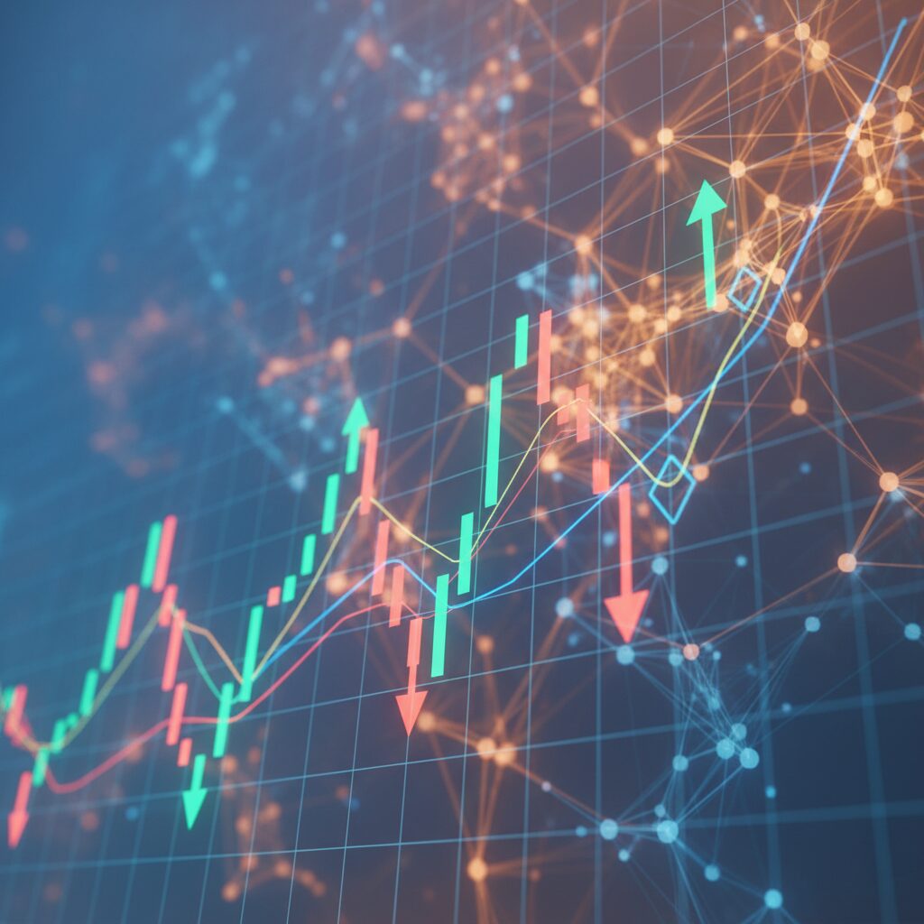 ソフトバンクグループの株価チャートとAI技術の抽象的なイメージ