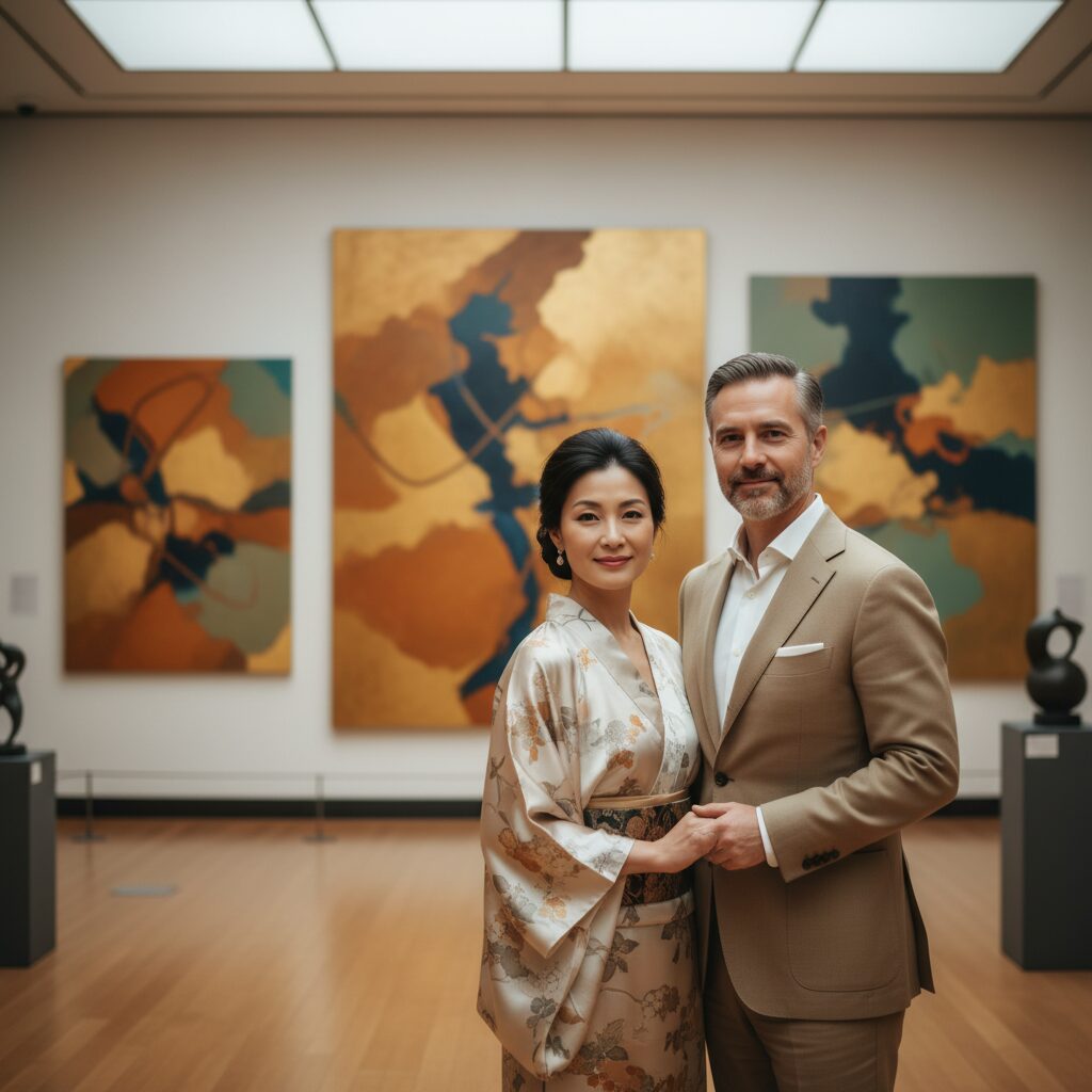 寺島しのぶさんと夫ローラン・グナシア氏をイメージした国際的な夫婦のイメージ。