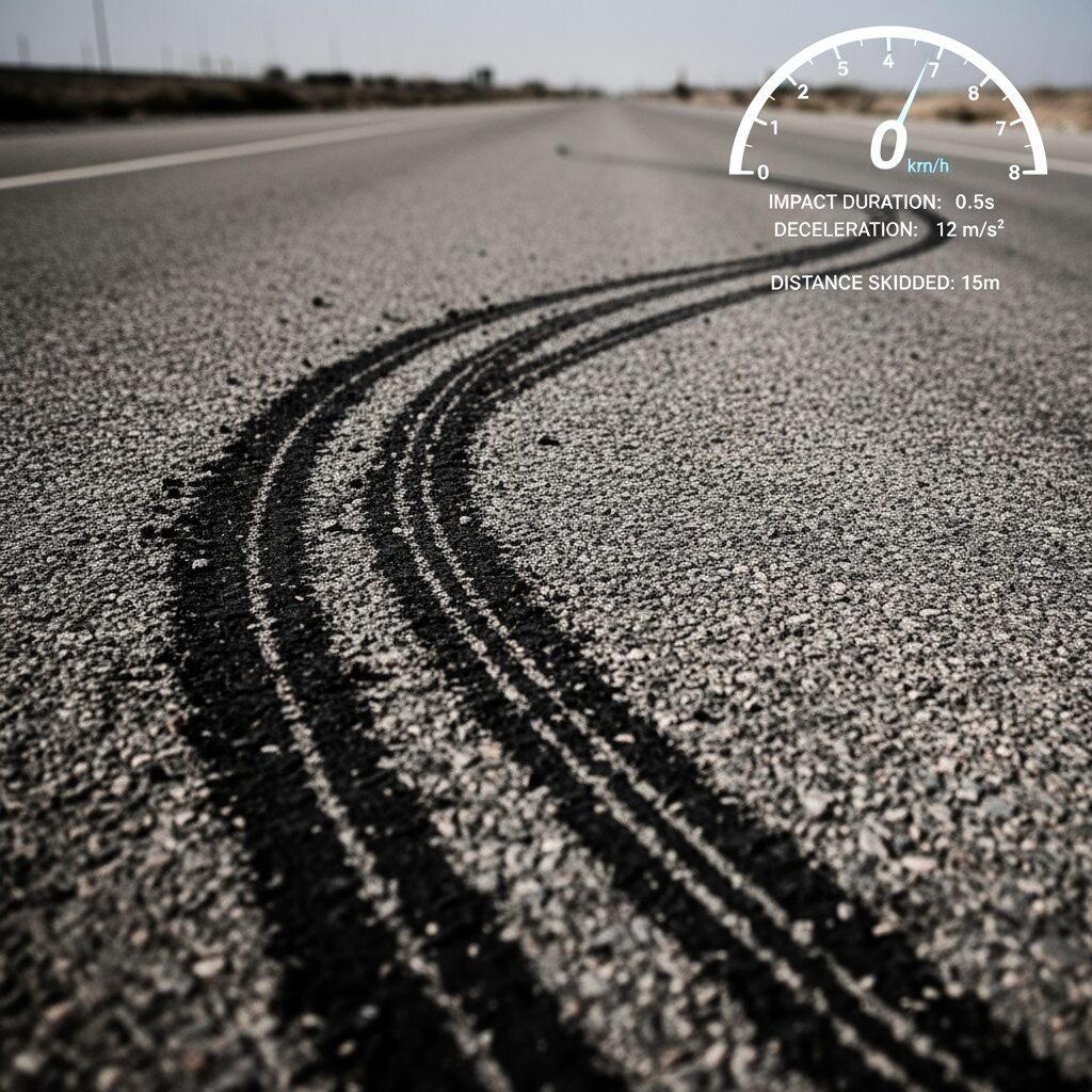 アスファルト路面に残されたバイクのブレーキ痕と、速度計のグラフィックが重ねられた画像