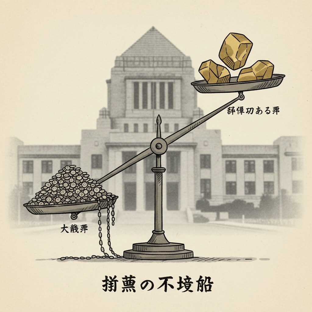 投票価値の不平等を示す天秤と国会議事堂のイラスト