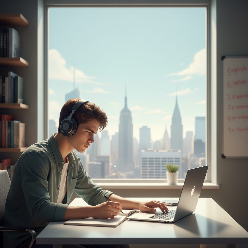 ニューヨークの試験会場で真剣に英検を受験する学生