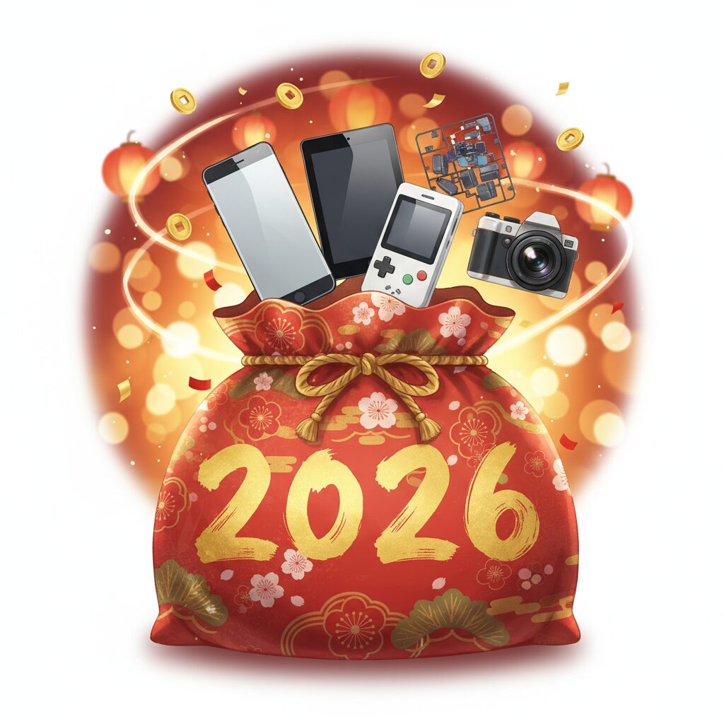 ヨドバシカメラの2026年夢のお年玉箱福袋のイメージ。さまざまな家電製品が詰まった豪華な福袋が描かれている。