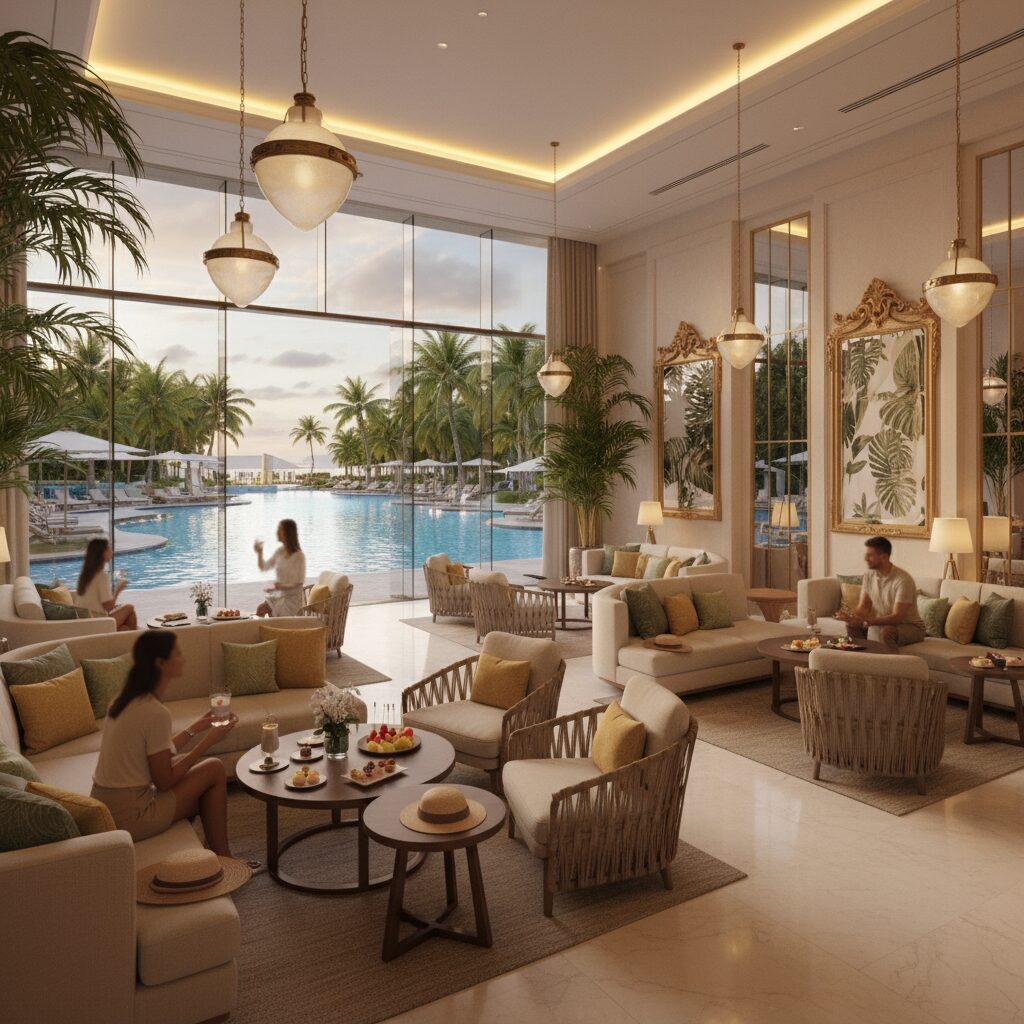 ハワイのJTBルアナラウンジでくつろぐ人々、豊富な飲食、専用プールが見える景色