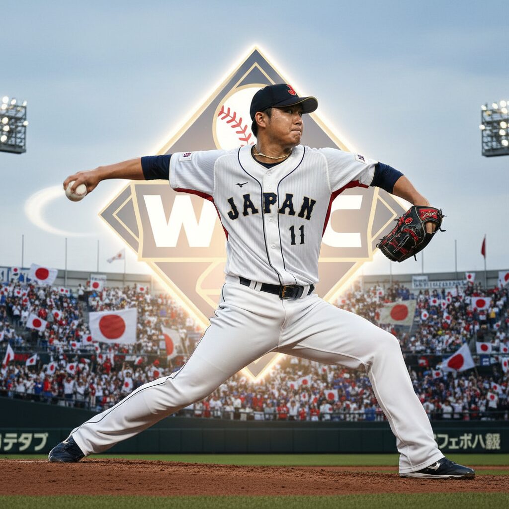 侍ジャパンのユニフォームを着て力投する山本由伸投手。背景にはWBCのロゴと熱狂する観客。