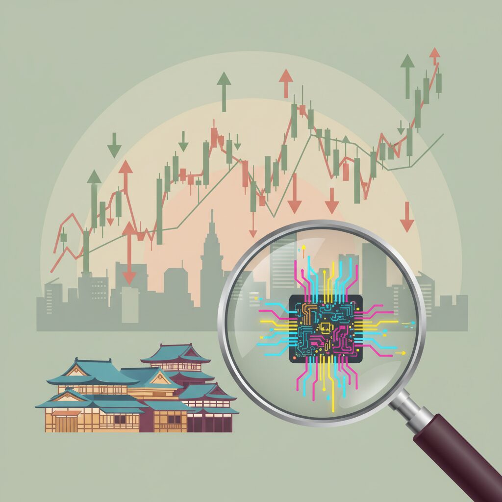 日本の株価チャートが変動しているイラスト、内需株とAI株に焦点を当てている様子。