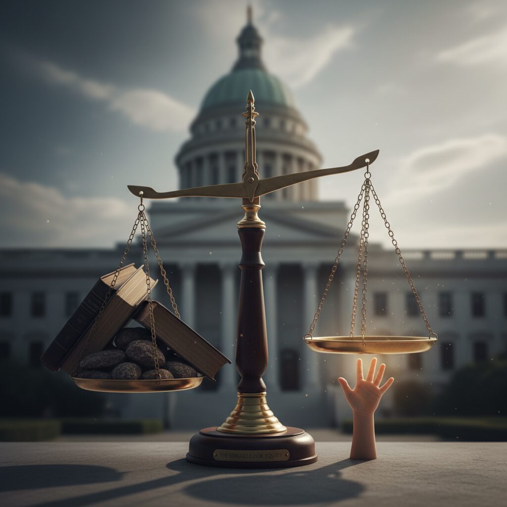 片方に傾いた天秤と、それを正そうとする小さな手のイメージ