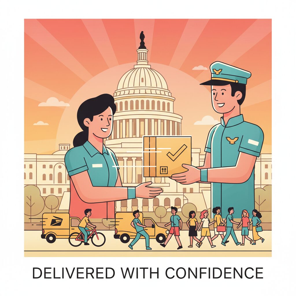 USPSの郵便配達員が荷物を届ける様子と、料金改定を示すグラフ