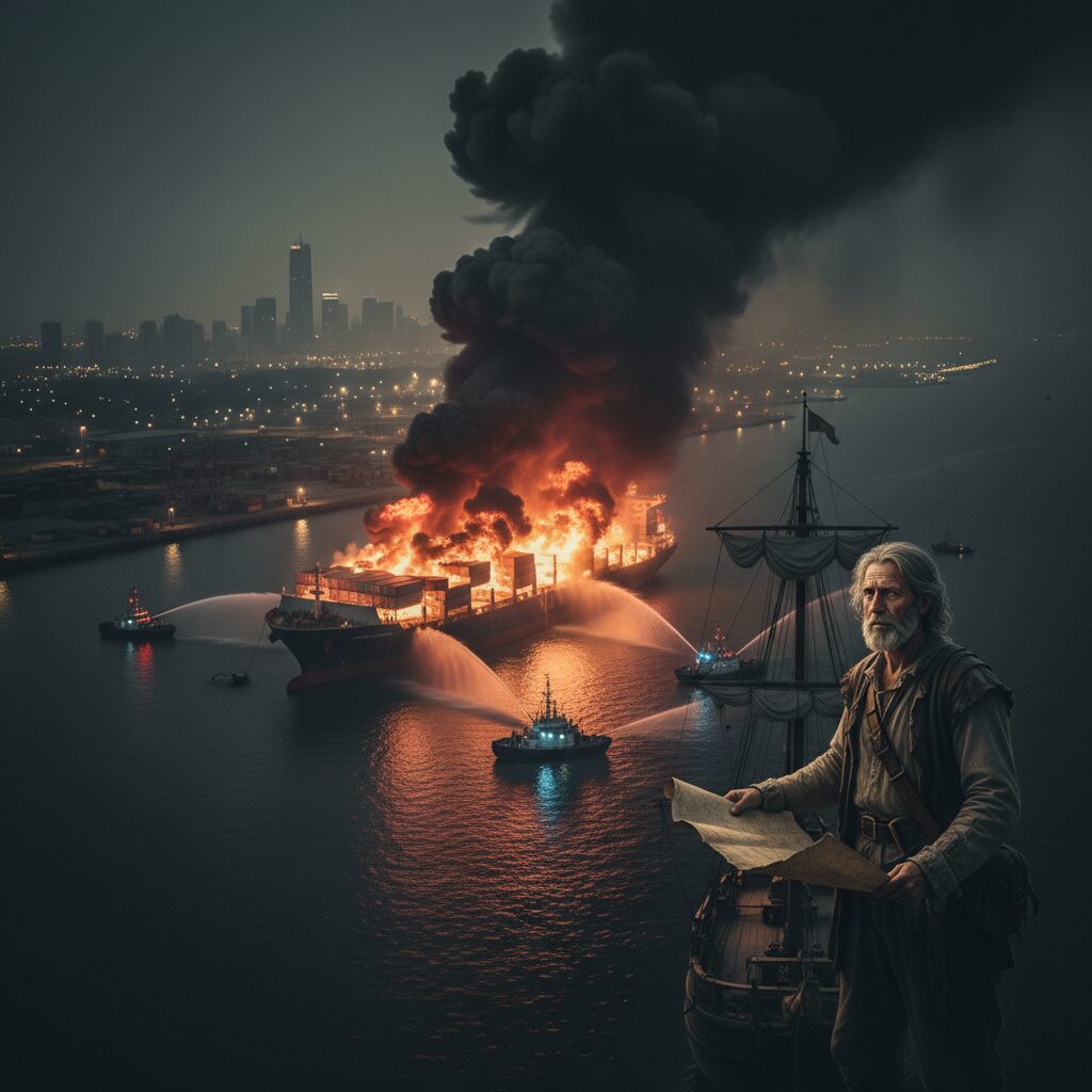 ロサンゼルス港で炎上する大型コンテナ船と、その上空に重ねられた歴史上の探検家ヘンリー・ハドソンのイメージ