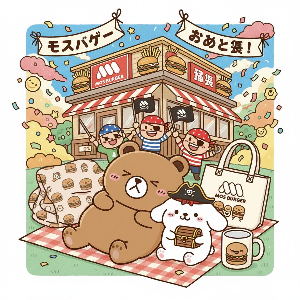 モスバーガーの歴代福袋に登場したリラックマ、シナモロール、ONE PIECE、マイメロディ、クロミなどの人気キャラクターグッズのイラスト。