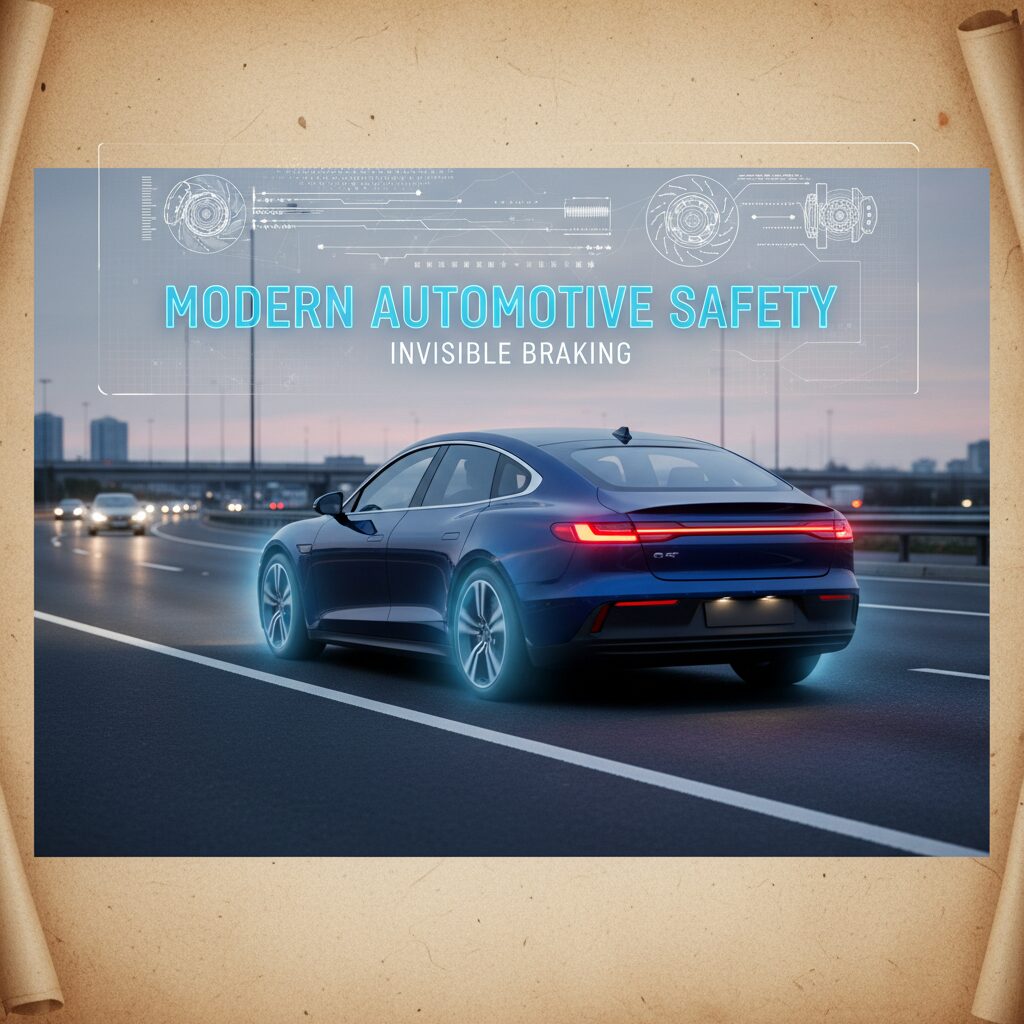 ブレーキ痕のない路面と急停車する車のイメージ、ABS作動中を示唆