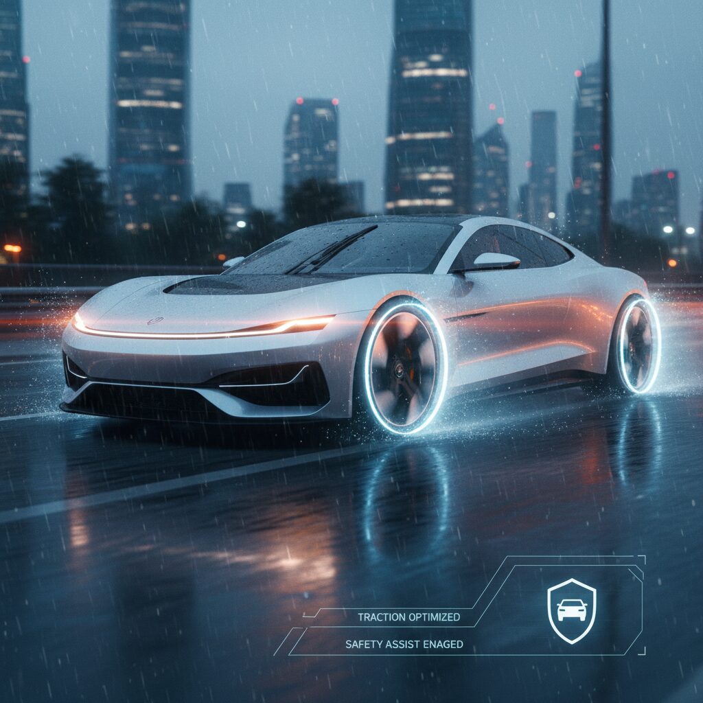 ABSが作動してブレーキ痕が残りにくい現代の車のイメージ