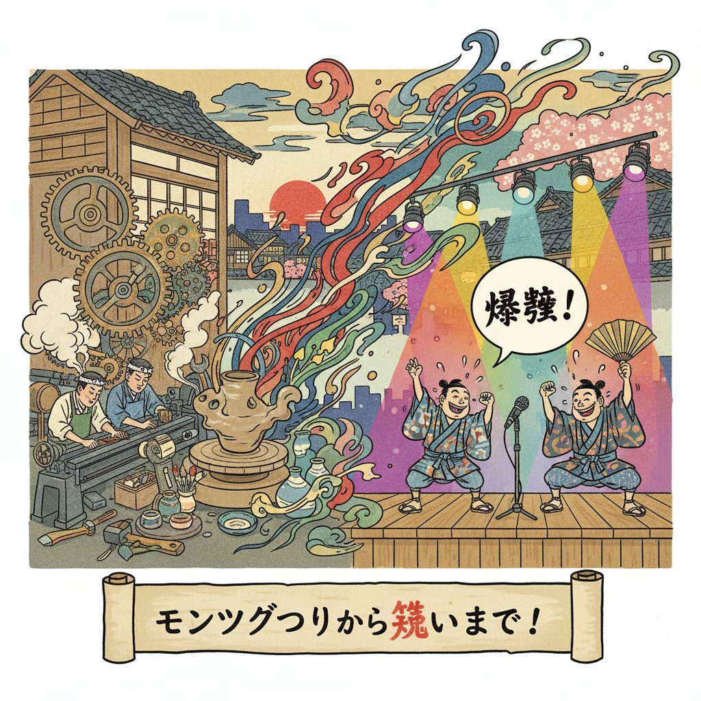 チョコレートプラネット長田庄平さんの、町工場と芸術、お笑いを融合させたイラスト