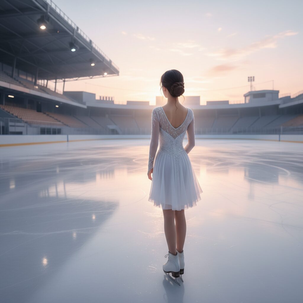 引退したフィギュアスケーターが静かにリンクを見つめる
