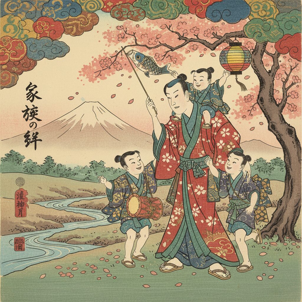 中村獅童さんと3人の息子たちが寄り添う温かい家族のイラスト