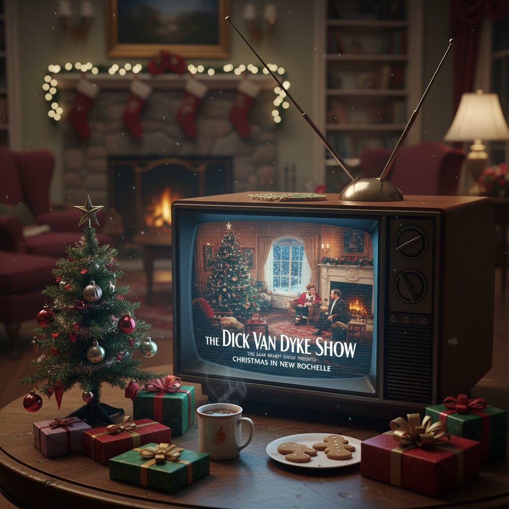 古いテレビ画面に映るクリスマスの風景と、その周りに飾られたクリスマスデコレーション。