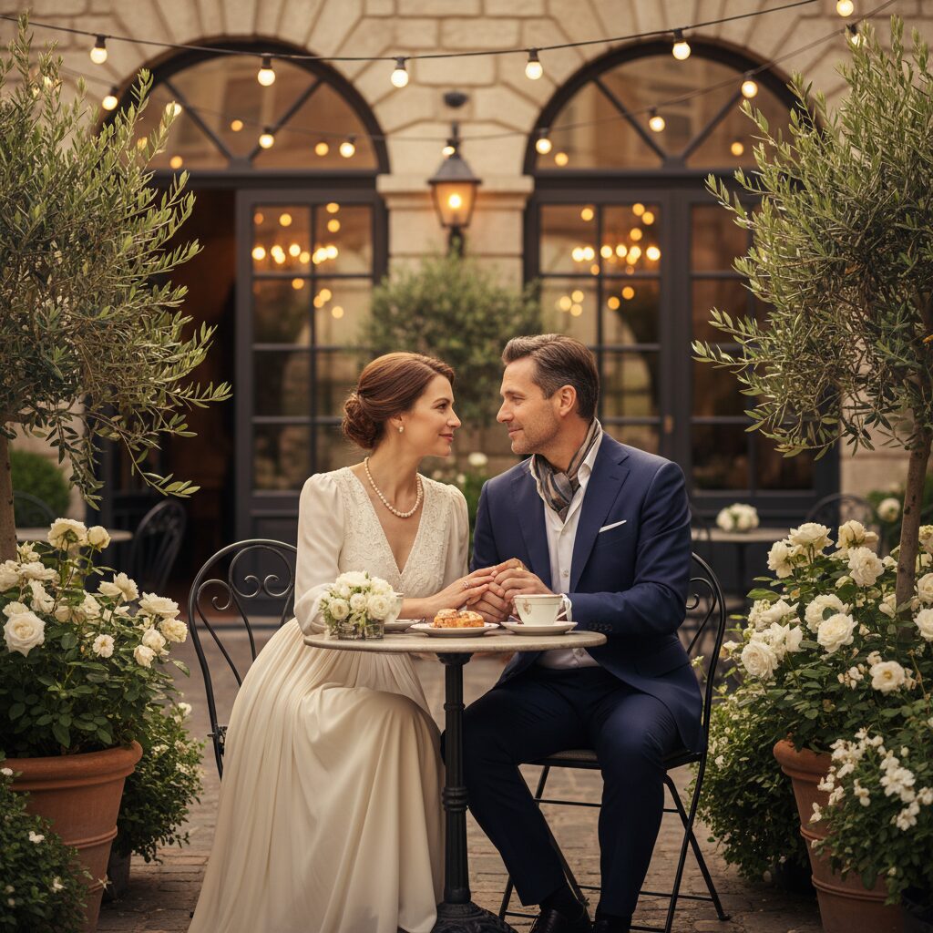 寺島しのぶと夫ローラン氏の仲睦まじい様子のイラスト