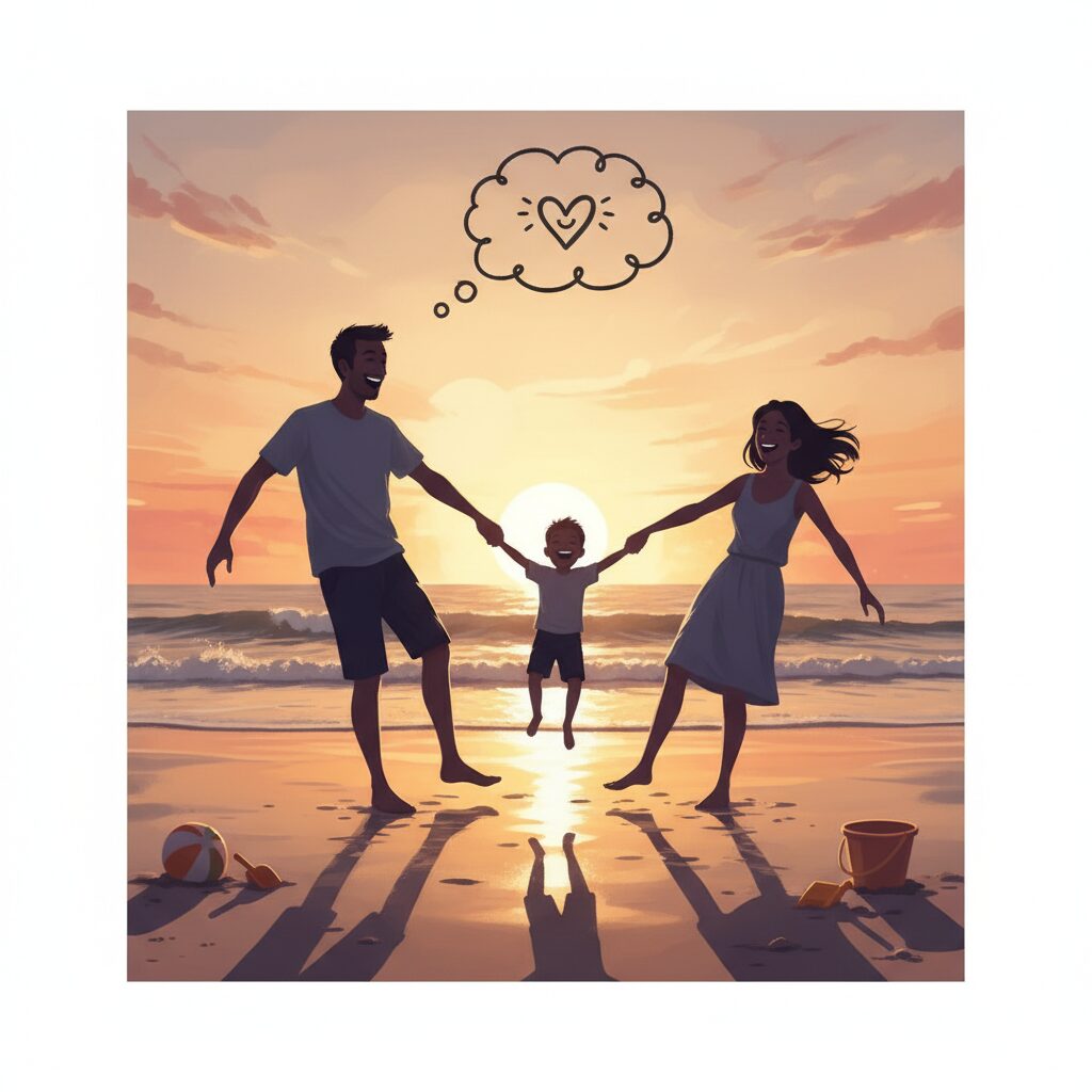 夕焼けのビーチで手をつなぐ長田庄平さん一家のシルエット