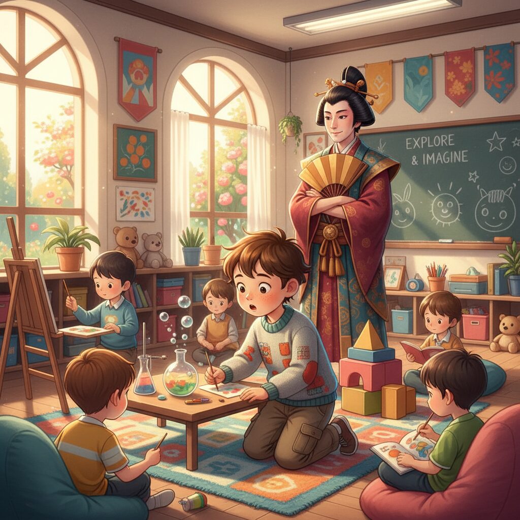 中村陽喜くんと中村獅童さんが笑顔で寄り添う学校の風景