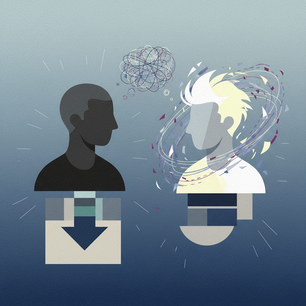 坊主頭とブリーチヘアの男性のイラスト、変貌と謝罪を象徴