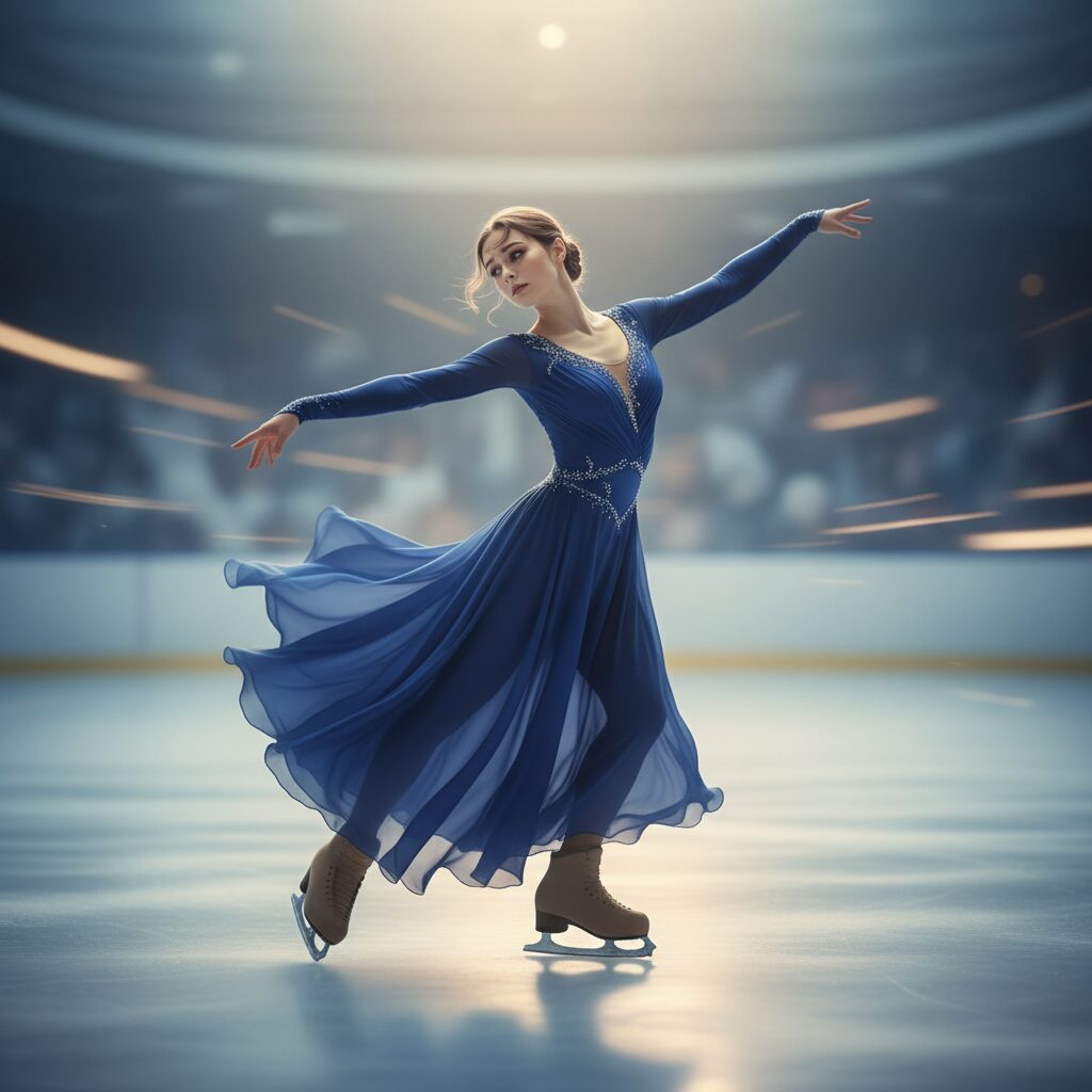 氷上で優雅にポーズをとるフィギュアスケーターの姿。