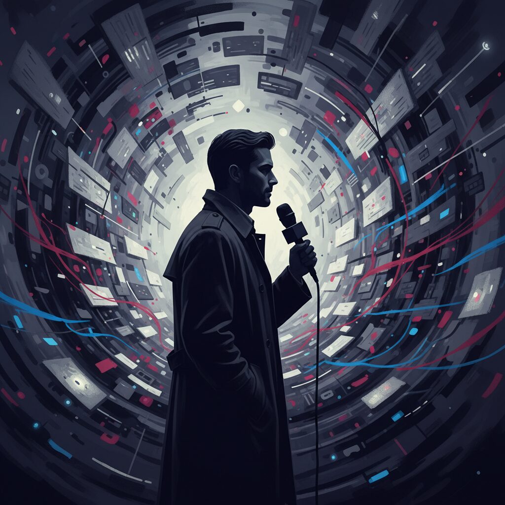 ジャーナリストが旧統一教会問題に取り組む姿を抽象的に描いたイラスト。