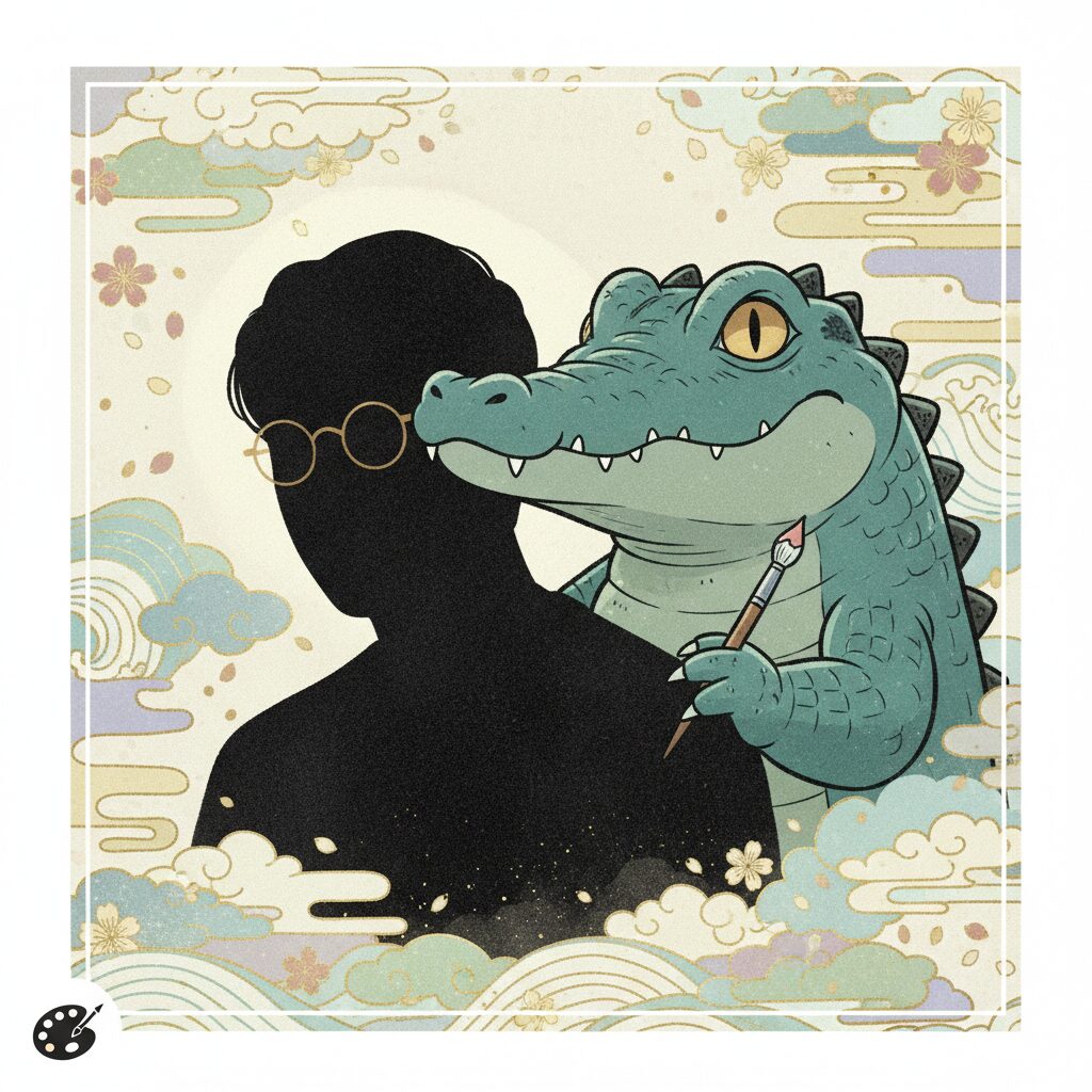 「鬼滅の刃」作者・吾峠呼世晴先生の顔が隠されたシルエットと、自画像の眼鏡をかけたワニのキャラクターが描かれたイラスト。