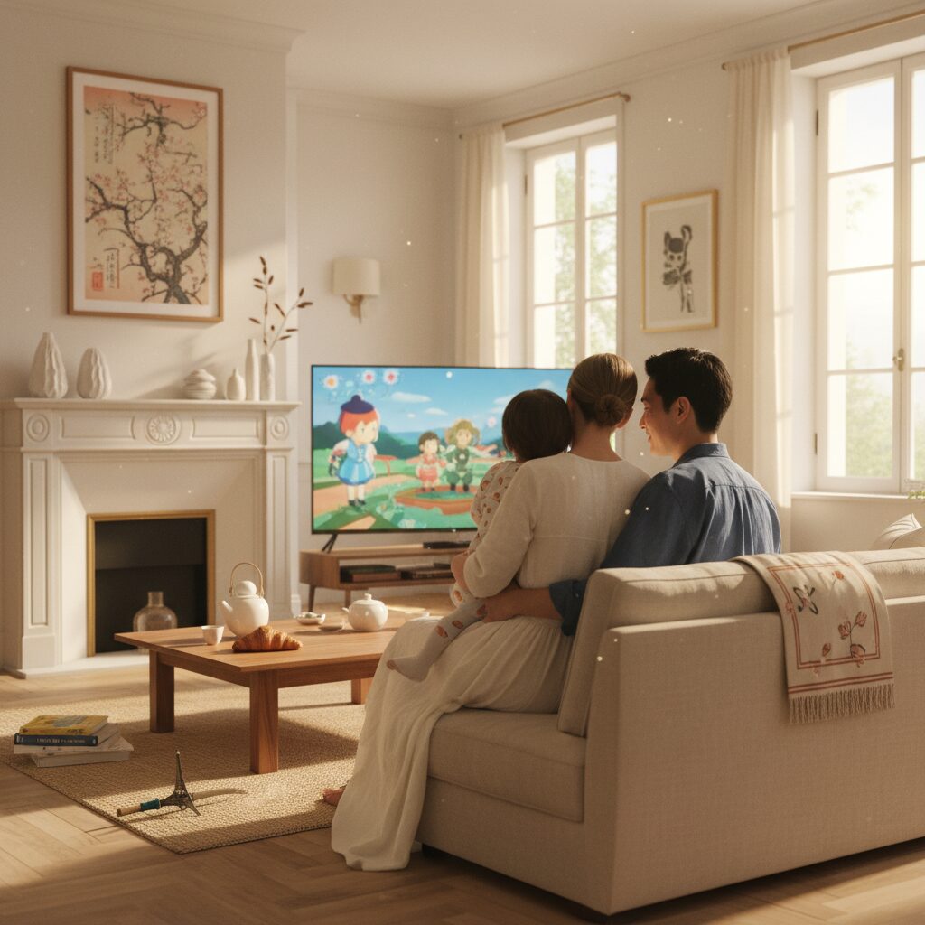 寺島しのぶさんと夫ローラン・グナシア氏の国際結婚の温かい家族写真のイメージ