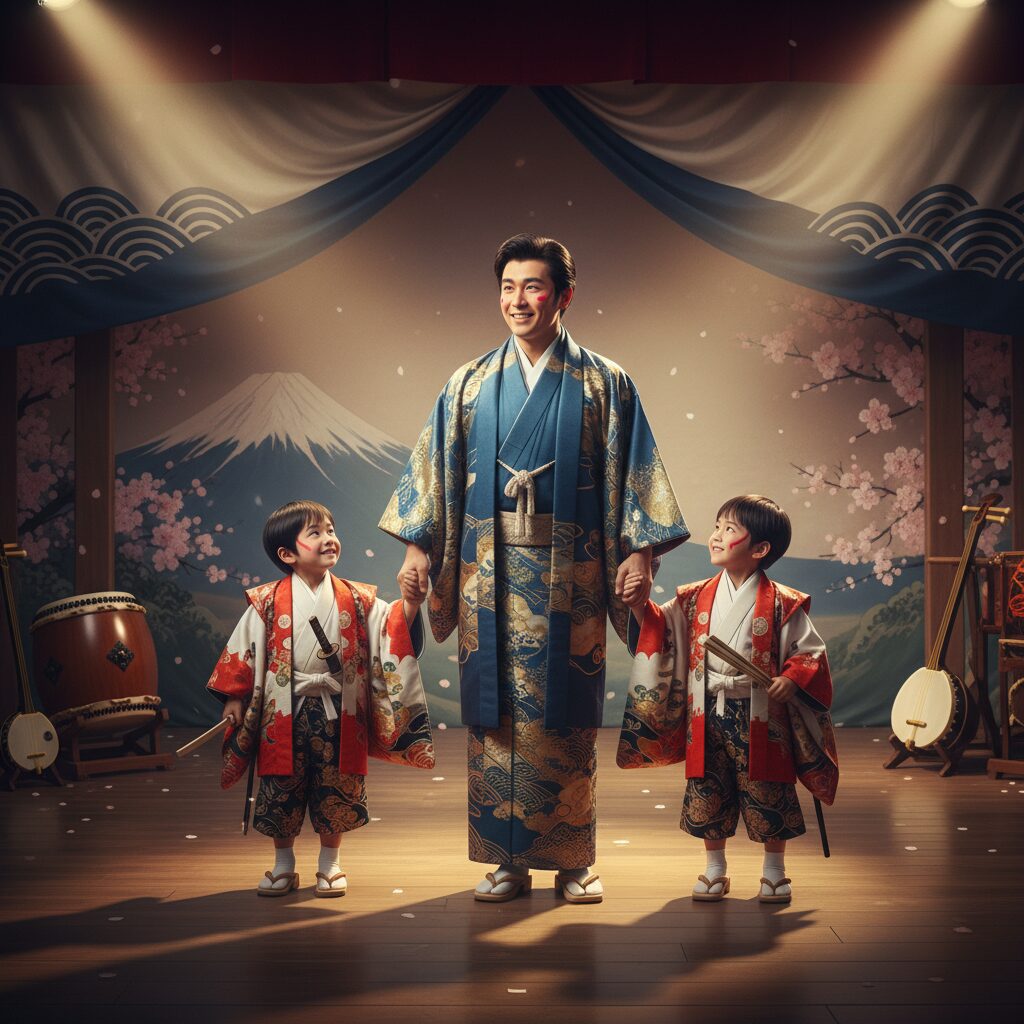 歌舞伎の舞台に立つ父親と二人の幼い息子たち。