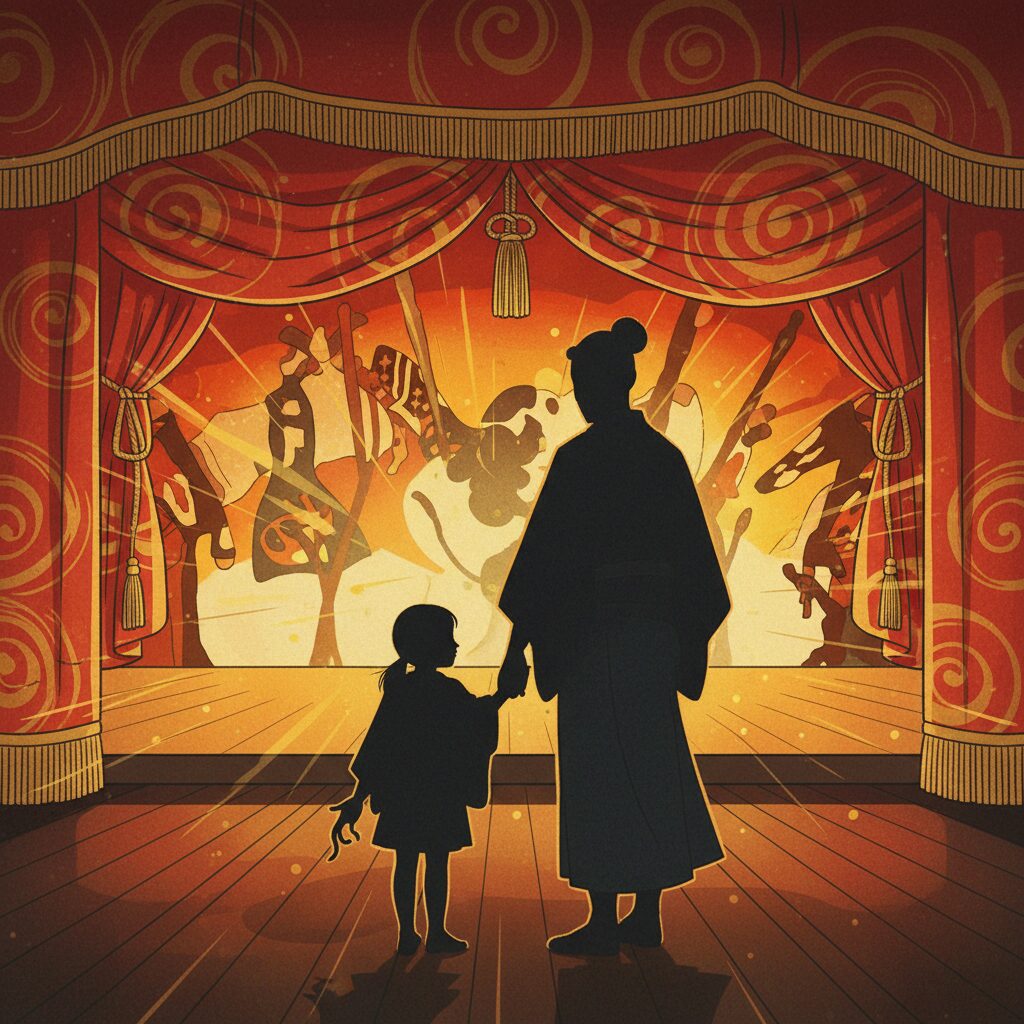 歌舞伎の舞台を見つめる中村獅童と次男夏幹くんのシルエット、指の個性を象徴する構図。