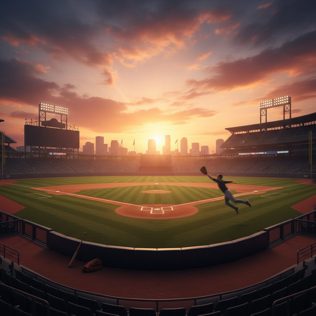 WBC日本代表ユニフォームを夢見るスティーブン・クワン選手の姿を想像させる野球場のイラスト