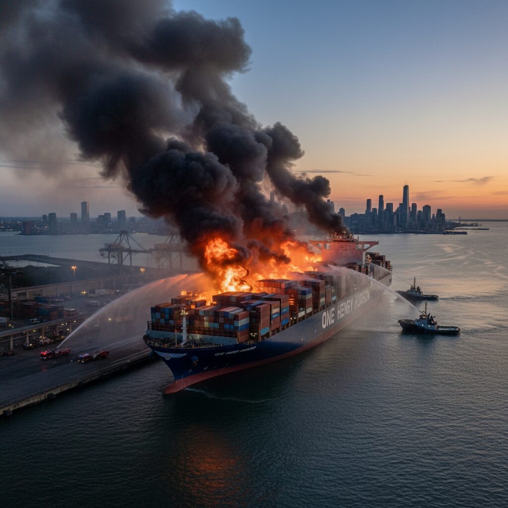 ロサンゼルス港で火災を起こし煙を上げるコンテナ船「One Henry Hudson」
