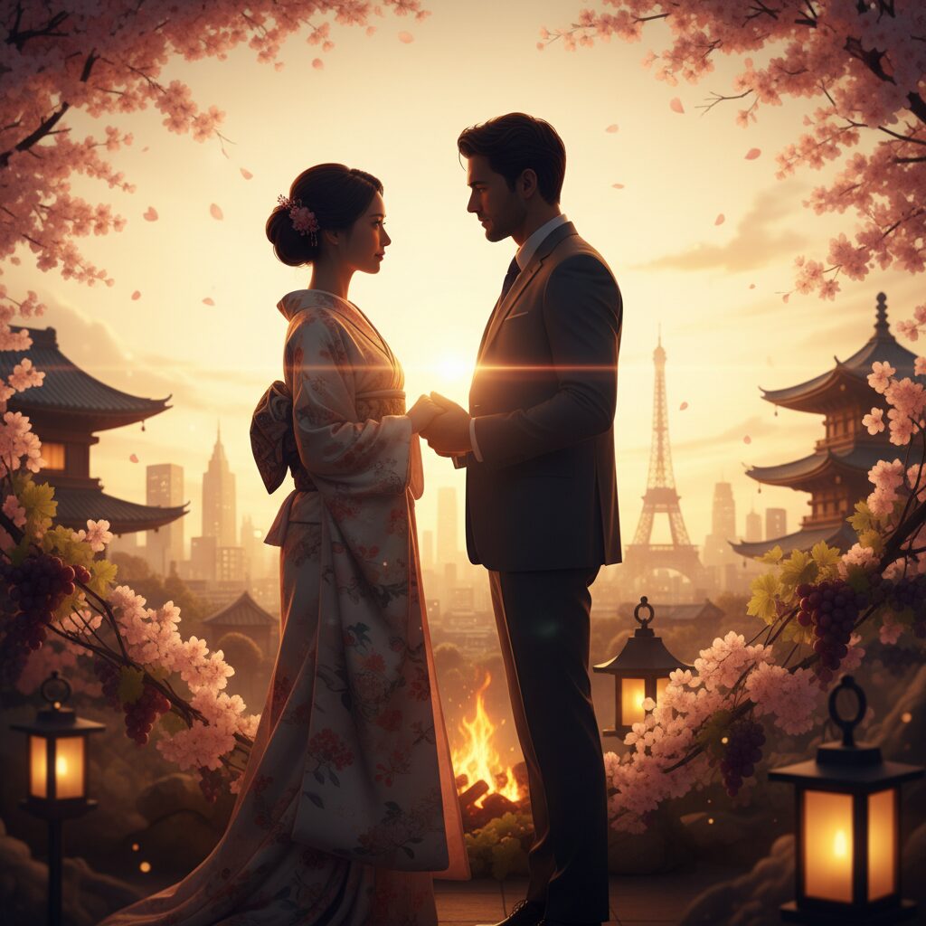 寺島しのぶさんと夫ローラン・グナシアさんの夫婦の姿をイメージしたイラスト