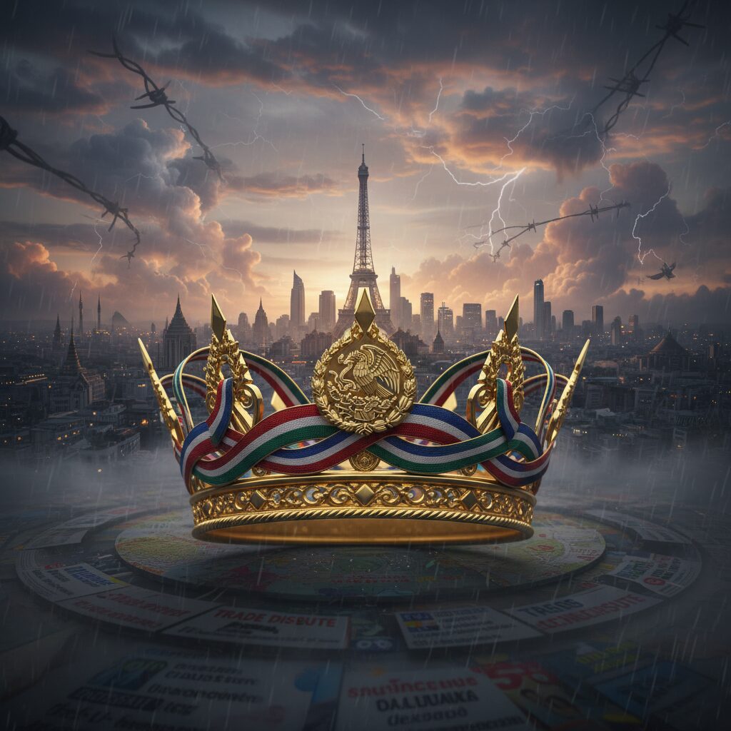 ミス・ユニバース2025の王冠とタイ、メキシコの国旗の色をモチーフにしたリボン